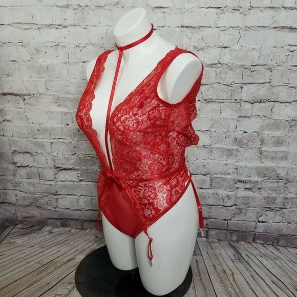 Shirley of Hollywood Red Lace Teddy XL Deep V Gartered Bodysuit Lingerie Collar - Picture 4 of 8